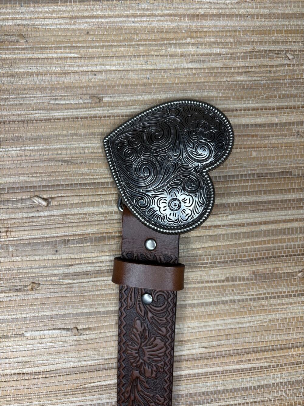 Shyanne Women's Valentina Embossed Leather Heart Buckle Belt Brown Sz  S